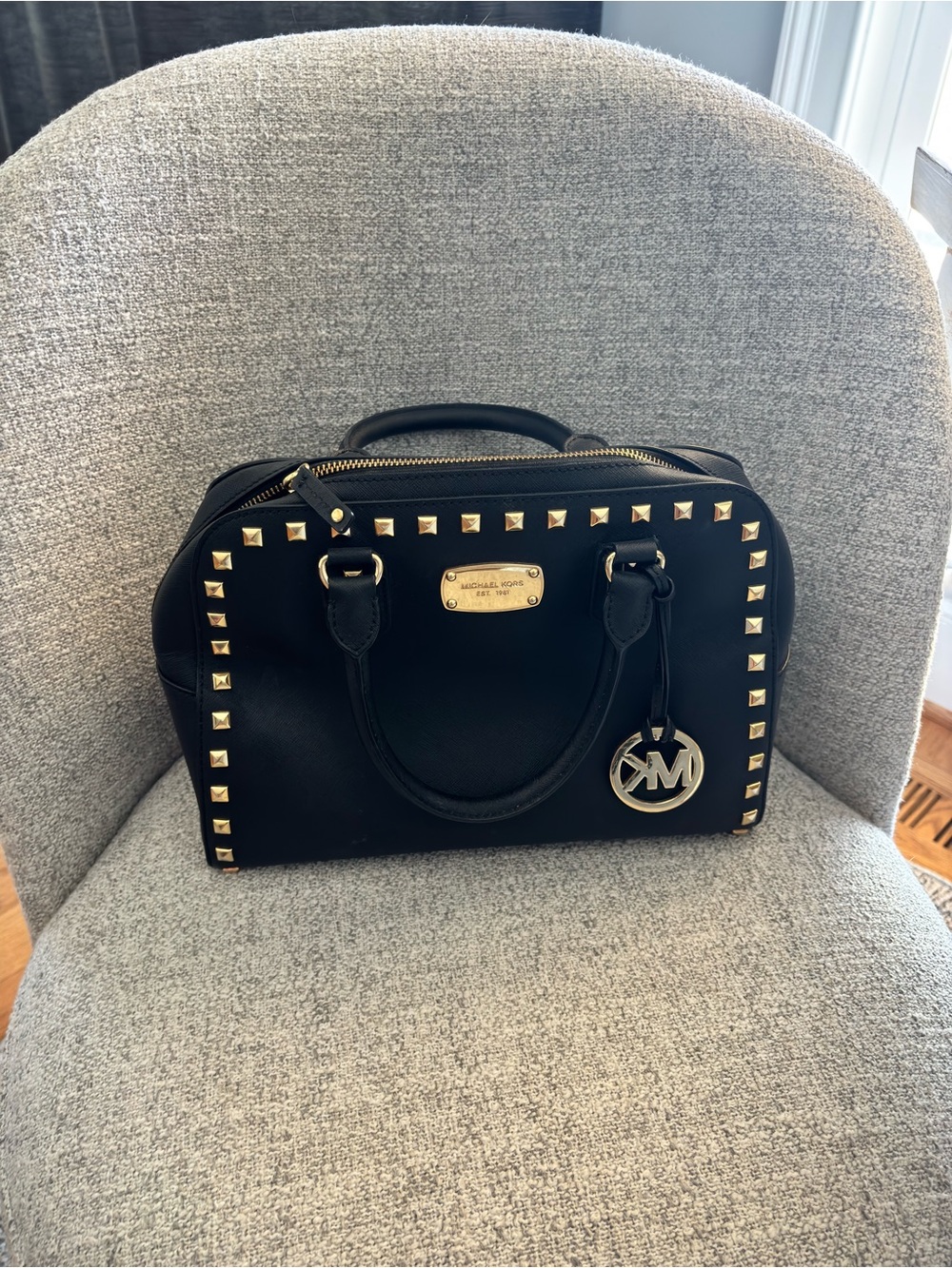 Michael Kors Black Leather Satchel with Gold Hardware and Logo Charm